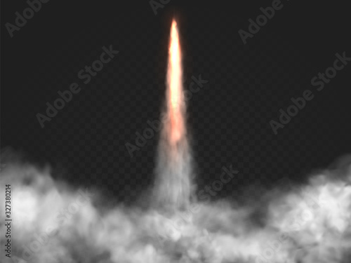Realistic rocket launch trail with vector smoke. Shuttle fire and cloud of dust. Spaceship take off effect on transparent background. Missile, air weapon launch with explosion cloud.Space machine fume