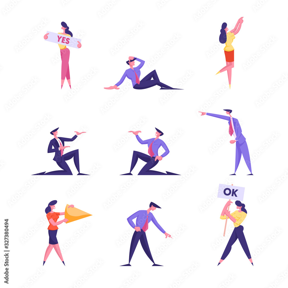 Set of Businesspeople Characters Holding Banners with Yes and Ok Typography, Gesturing, Carry Piece of Pie Chart, Sitting on Floor, Point Isolated on White Background Cartoon Flat Vector Illustration
