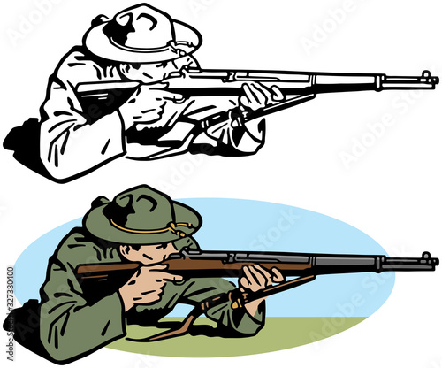 A drawing of an army soldier aiming a rifle in battle. 