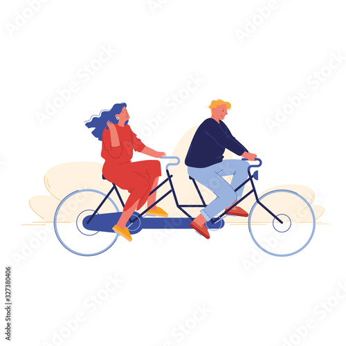 Summer Time Outdoors Activity, Biking Spare Time. Man and Woman Riding Tandem Bike in Public Park. Young People Vacation Sparetime, Sport, Leisure, Fun, Holidays Sport Cartoon Flat Vector Illustration