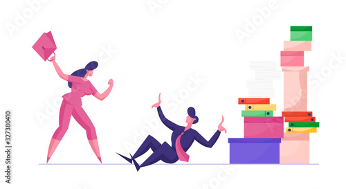 Office Fight. Businesswoman Boss Shouting on Overwork Office Employee Sitting at Floor with Huge Pile of Documentation Folders. Company Leader Hurry Worker with Job Cartoon Flat Vector Illustration
