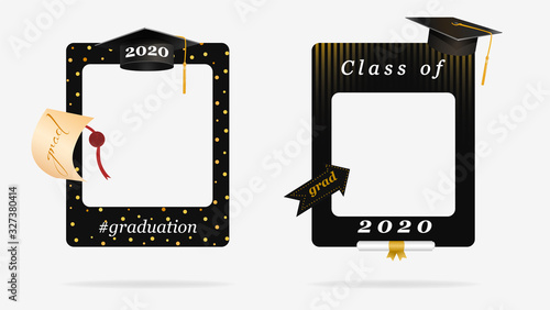 Two black graduation frame for party photo booth props vector graphic illustration. Congratulation grad quote with cap for grads with empty place for photo isolated on white background