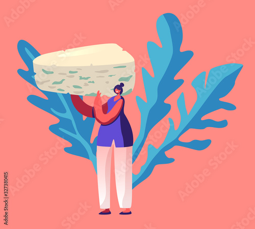 Woman Hold Huge Piece of French Roquefort Cheese with Blue Fungus, Delicatessen Production, Tiny Female Character Enjoying Expensive Gourmet Product, Healthy Food Cartoon Flat Vector Illustration
