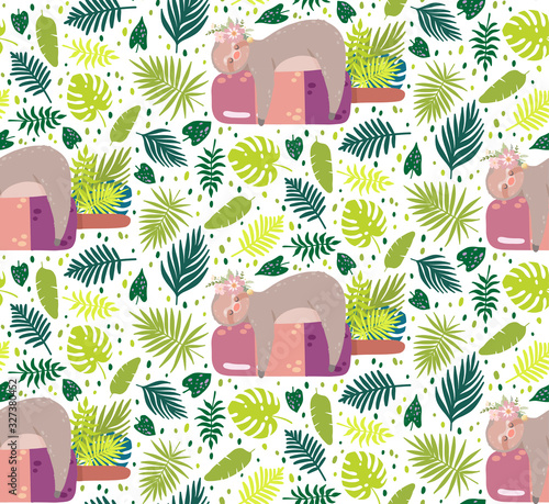 Cute sloth sleeping on the ice cream surrounded by green tropical leaves. Seamless pattern vector illustration.