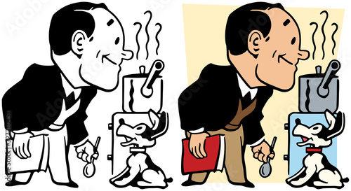 A cartoon of a man with a cookbook cooking a meal on a stovetop. 