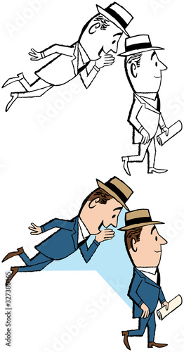 A cartoon of a man's conscience whispering to him over his shoulder. 