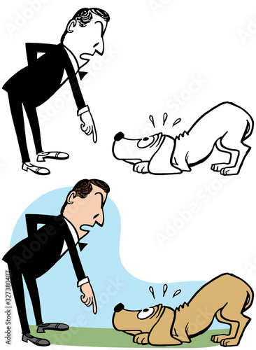 A cartoon of a man scolding a misbehaving dog. 