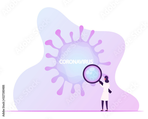 Tiny Female Doctor Look at Huge Coronavirus Ncov Cell through Magnifying Glass. Dangerous Epidemic Disease, Huge Microbe. Pandemic Mers-cov Bacteria Warning, Virology Cartoon Flat Vector Illustration