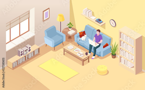 Isometric living room with man freelancer and notebook. Boy doing freelance job at sofa. Remote worker on couch with cat and cup of coffee. Home office for lad. Interior with worker.