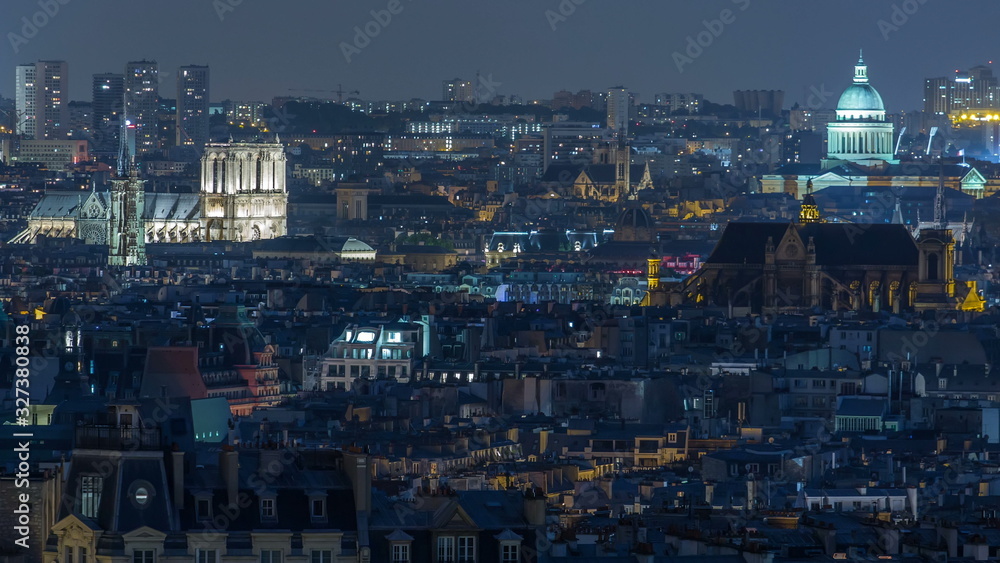Beautiful Paris night cityscape timelapse seen from Montmartre. Paris, France