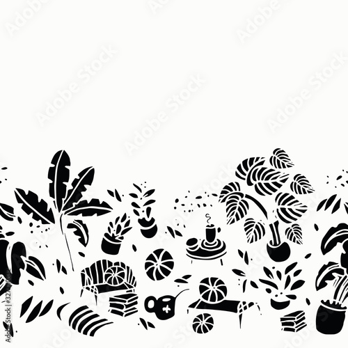 Cool hygge leisure lifestyle plant border with modern floral and shape in black and white. Stylish tropical plant pattern. Surface pattern design.