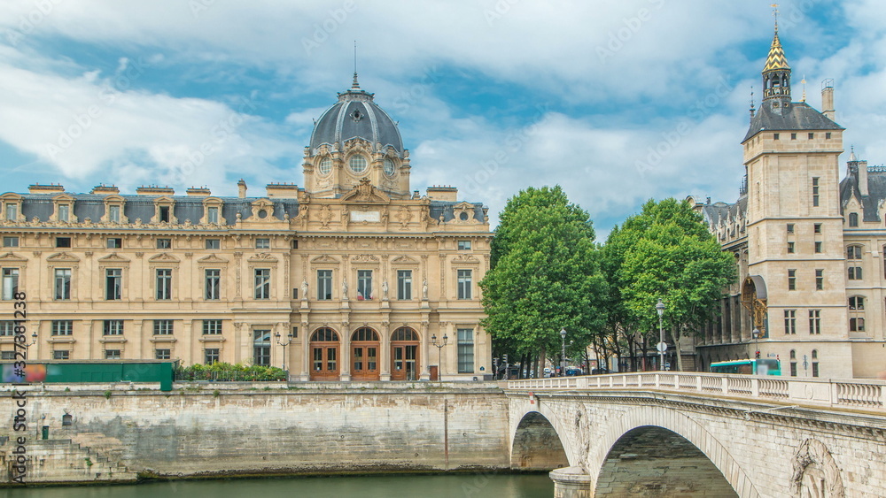 Castle Conciergerie and Commercial Court of Paris timelapse - former royal palace and prison. Paris, France.