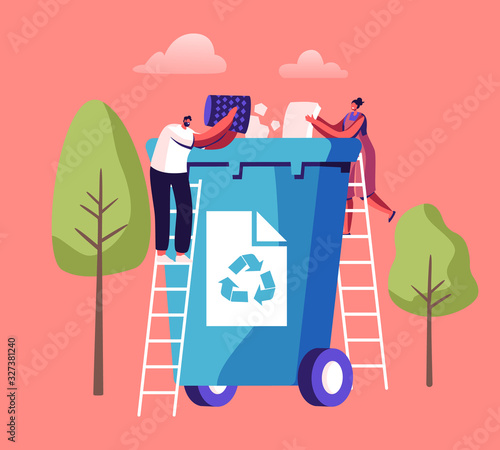Tiny People Throw Paper Garbage into Huge Litter Bin with Recycle Sign. City Dwellers Collecting Trash. Waste Recycling, Pollution and Ecology Protection Concept. Cartoon Flat Vector Illustration