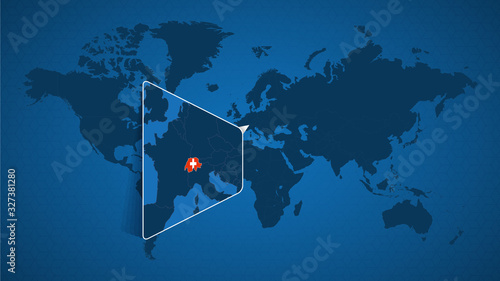 Detailed world map with pinned enlarged map of Switzerland and neighboring countries.
