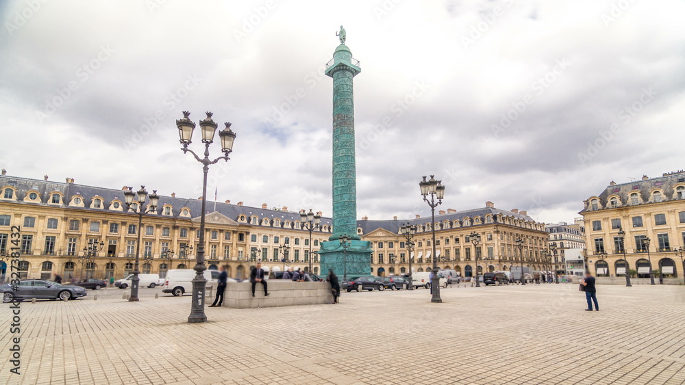 Vendome column with statue of Napoleon Bonaparte on the Place Vendome timelapse . Paris, France.