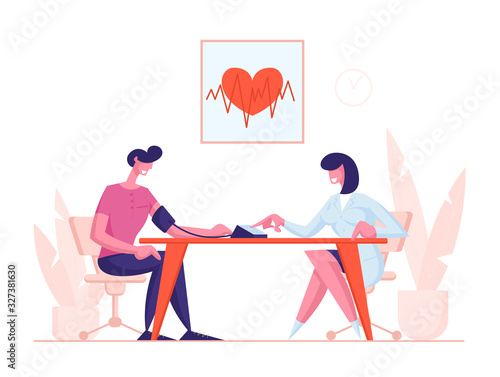 Checking Arterial Pressure Concept. Female Doctor Using Digital Device Tonometer for Measuring Male Patient Blood Pressure. Medical Equipment, Monitoring Health Care Cartoon Flat Vector Illustration