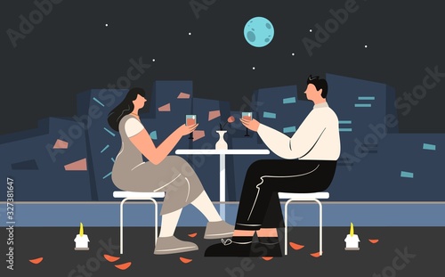 Couple enjoying romantic evening sitting on table drinking wine on roof vector flat illustration. Cartoon man and woman having dinner dating with panoramic view of night city