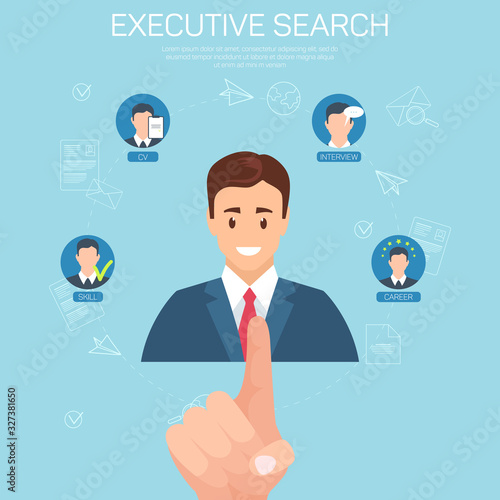 Executive Vacancy Flat Vector Banner Template. Choosing Suitable Top Manager, Relevant Skills. Cartoon Candidate, Applicant for Leading Position. Personnel, Staff Selection Infographics with Icons
