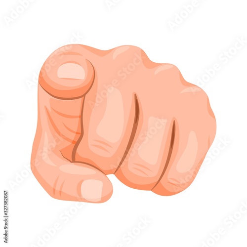 Realistic human hand pointing finger at viewer vector graphic illustration. Colorful male arm showing you front view isolated on white background. Pointer indicate forward