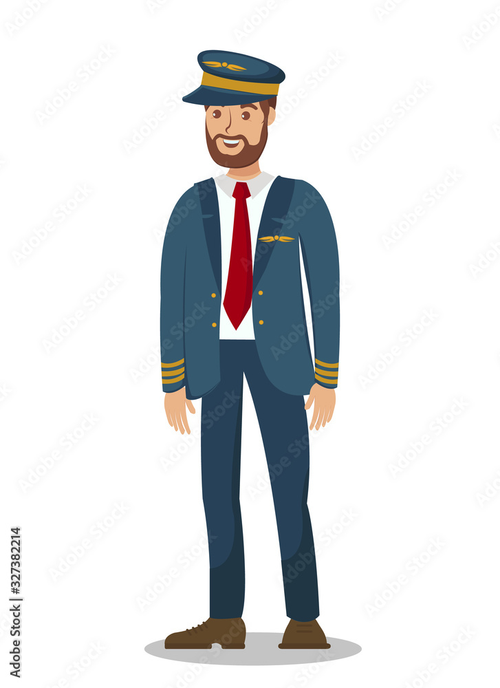Pilot, Airplane Captain Flat Vector Illustration. Male Flight Attendant, Airport Crew Member Cartoon Character. Young Confident Airlines Worker Isolated Design Element. Aviation Industry