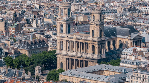 Top view of Paris skyline from observation deck of Montparnasse tower timelapse. Main landmarks of european megapolis. Paris, France