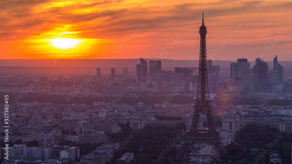 Fototapeta premium Panorama of Paris at sunset timelapse. Eiffel tower view from montparnasse building in Paris - France