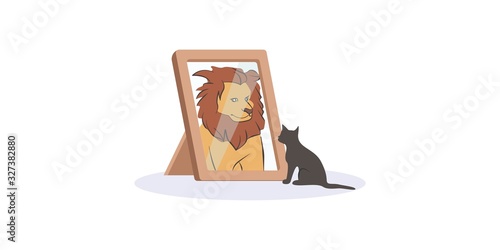 фотографія Small black cat looking herself at mirror as huge fierce lion vector graphic illustration