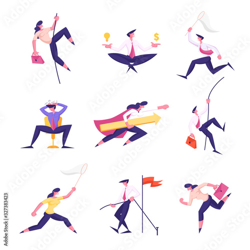 Set of Businesspeople Characters Climbing by Rope, Meditate in Lotus Posture, Overwork Deadline, Super Hero with Arrow, Hurry at Work Isolated on White Background Cartoon Flat Vector Illustration