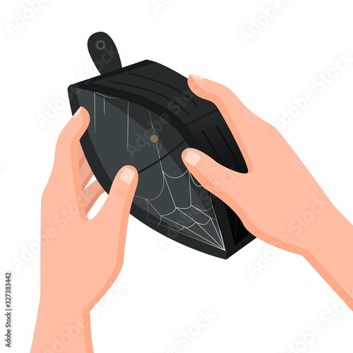 Human hands holding empty wallet with web inside isolated on white background. Broke person showing purse without money and currency bankruptcy concept vector graphic illustration