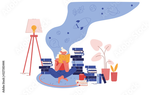 Education, Reading Hobby Concept. Woman Sitting on Floor with Cup of Tea Reading Books. College or University Student Prepare to Exam, Character Gaining Knowledge Cartoon Flat Vector Illustration
