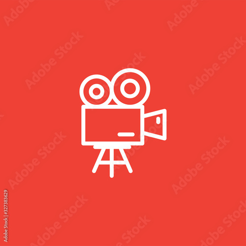Film Camera Line Icon On Red Background. Red Flat Style Vector Illustration