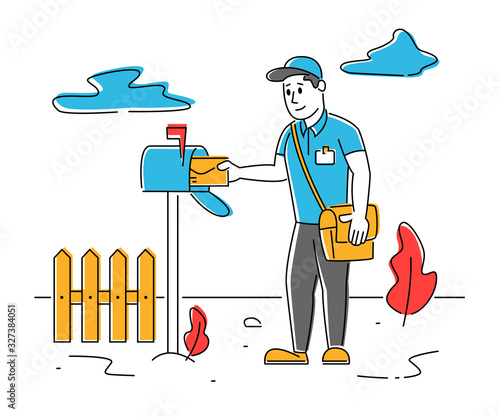 Man Postman with Bag on Shoulder Put Letter in Mail Box on Countryside Background. Mailman Character Post Office Employee Delivering Mailing to People. Cartoon Flat Vector Illustration, Line Art