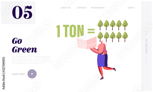 Stop Nature Pollution and Trees Felling Website Landing Page. Woman Carry Pile of Used Paper Waste and Trash to Recycle, Ecology Protection Problem Web Page Banner. Cartoon Flat Vector Illustration