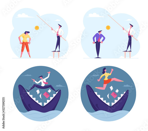 Set Scared Businesspeople Stand on Jaws of Huge Shark with Briefcase and Documents Falling in Chops. Depressed Man and Woman in Need Show Empty Pockets. Money Problem Cartoon Flat Vector Illustration