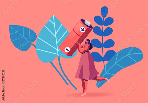 Sorting E-Waste, Garbage Segregation Concept. Woman Carry Huge Battery for Recycling Electric Rubbish, Environment Protection, Reduce Earth Pollution Nature Protection Cartoon Flat Vector Illustration