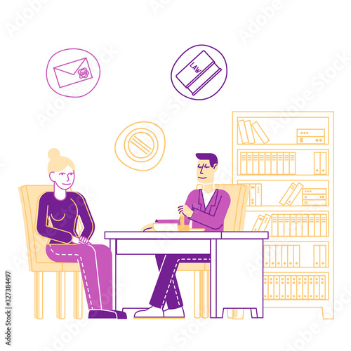 Official Document, Validity Concept. Notary Stamping Agreement to Visitor in Public Office. Legality Documentation, Authorization, Certification Work Cartoon Flat Vector Illustration, Line Art