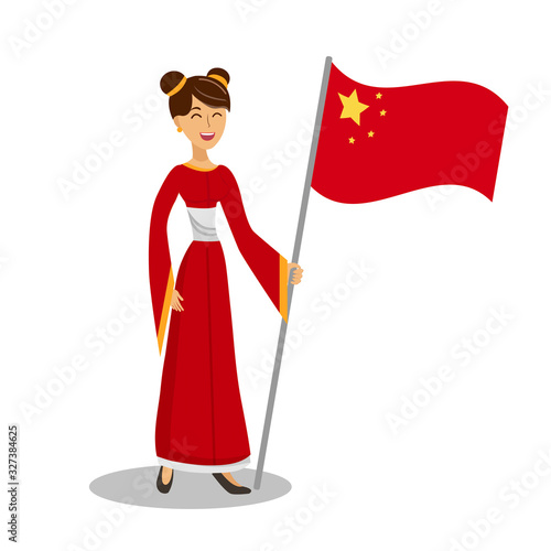 Chinese Woman with Flag Flat Color Illustration. Happy Lady in Traditional Clothing on White Background. Travel to East. Graceful Girl in Robe Holding China Colors. Isolated Design Element