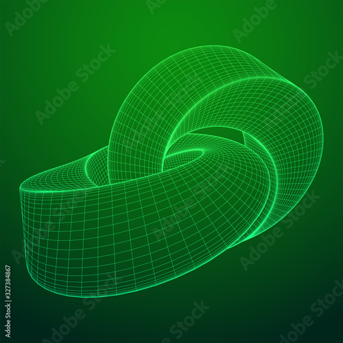 Mobius strip ring knot sacred geometry. Spatial figure with upturned surfaces. Optical illusion with dual circular contour. Wireframe low poly mesh vector illustration.
