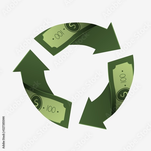 USD money circle recycle by three arrows vector graphic illustration. Cash dollars currency convert, flow, exchange, circulation, economic and finance concept isolated on white background