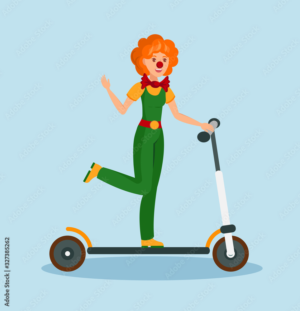 Cheerful Clown Riding Scooter Color Illustration. Young Woman in Outfit and Funny Wig Cartoon Character. Happy Jester with Red Nose and Bow tie. Entertainment Industry Isolated Design element Cheerful Clown Riding Scooter Color Illustration. Young Woman in Outfit and Funny Wig Cartoon Character. Happy Jester with Red Nose and Bow tie. Entertainment Industry Isolated Design element