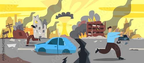 Doomsday city apocalyptic ruins cartoon vector illustration. Colored people scary running at destruction zone. Urban destroyed panorama damage buildings and explosion on street