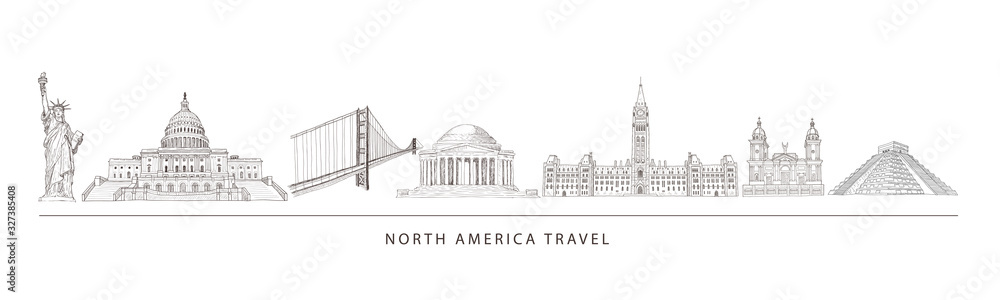 City travel landmarks, tourist attraction in various places of North America.