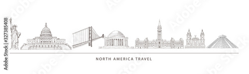 City travel landmarks, tourist attraction in various places of North America.