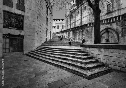 Stairs of the old city of Girona. Catalonia. Spain. Black and white