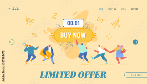 Black Friday Shopping, Total Sale Website Landing Page. Happy People Purchasing around of Huge Button with Buy Now Inscription. Promoter with Megaphone Web Page Banner Cartoon Flat Vector Illustration