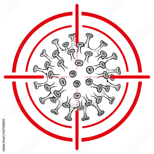 Illustration cartoon with crosshairs over corona virus a microorganism, COVID-19, H1N1, disinfection, sterilization or sanitization. Ideal for educational and institutional material