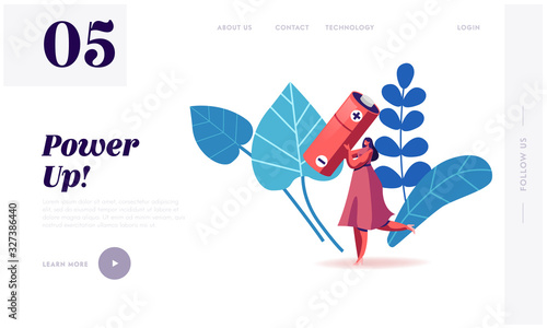 Sorting E-Waste, Garbage Segregation Website Landing Page. Woman Carry Huge Battery for Recycling Electric Rubbish, Reduce Earth Pollution Save Nature Web Page Banner. Cartoon Flat Vector Illustration