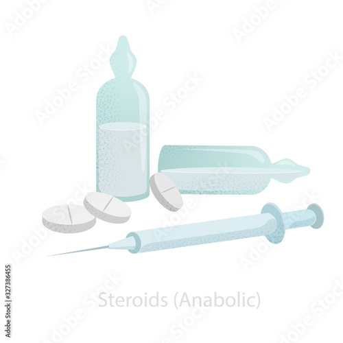 Cartoon medicine drug steroids and anabolic vector graphic illustration. Medicament preparation tablet, syringe and ampoule with liquid remedy isolated on white background