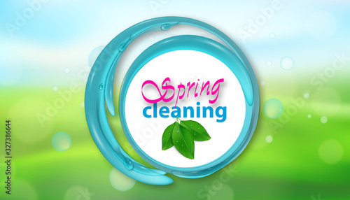 Water splash spring cleaning on background nature with green leaves. Services cleaning. Poster or banner with soap bubbles. Vector