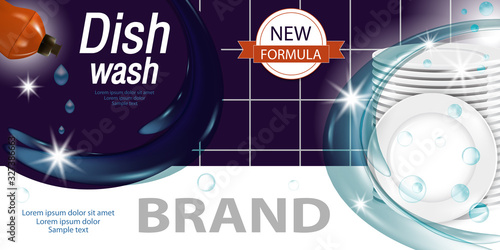 Dishwashing liquid products. Package design realistic with plates. Dish wash advertisement poster layout or banner. Vector